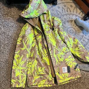 The North Face Women's Ski Jacket - Brown with Neon Yellow Green Leaf Print